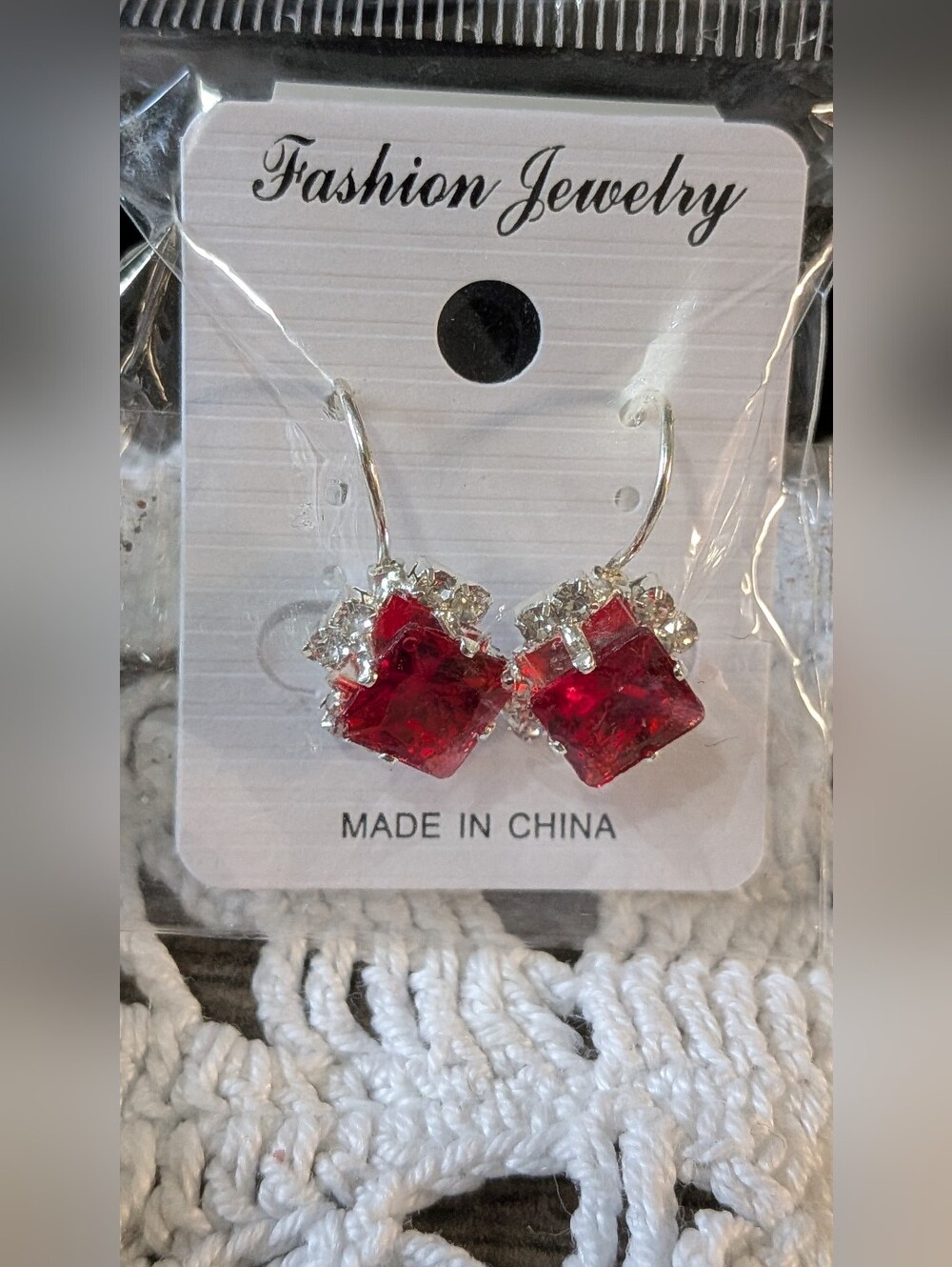 Fashion Jewelry Ruby Red Square Crystal Dangle Earrings